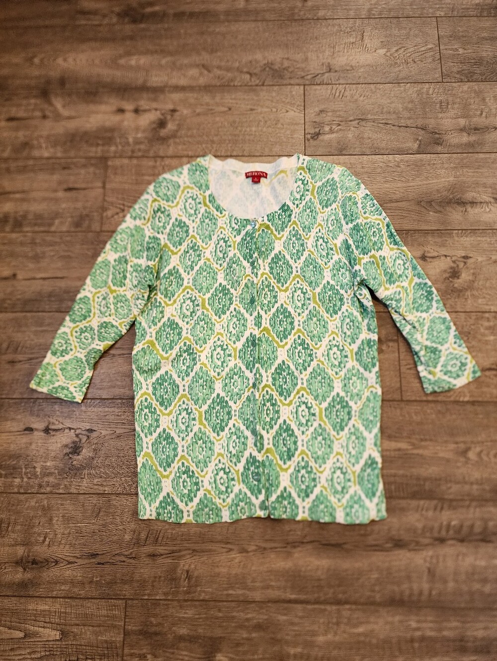 Merona Womens Cardigan Sweater Size L Green White 3/4 Sleeve Button-Up Crew-Neck